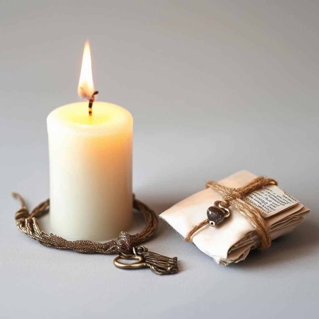 A white candle burning next to a charm made of tied personal items, symbolizing a fidelity spell ritual-1