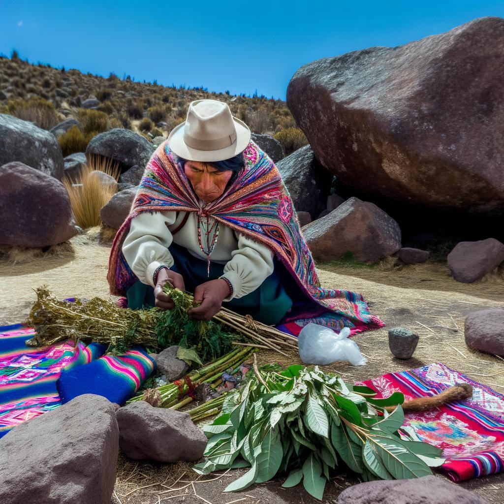 An Andean shaman preparing coca leaves and sacred objects for a love ritual in the mountains