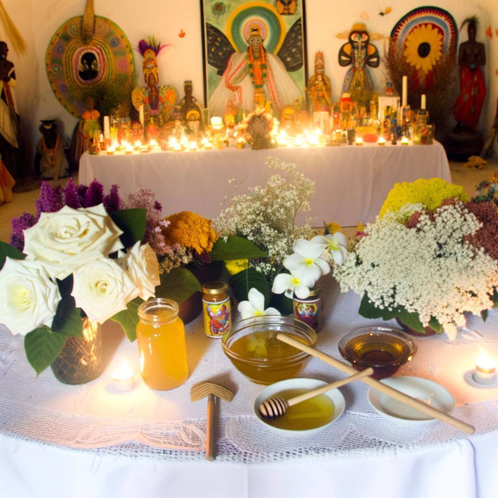 An altar dedicated to Oxum in a Candomblé temple, featuring offerings of flowers, honey, and candles