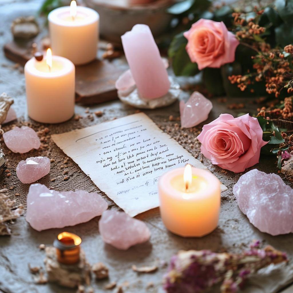 A piece of paper with written vows next to two lit candles during a commitment love spell.