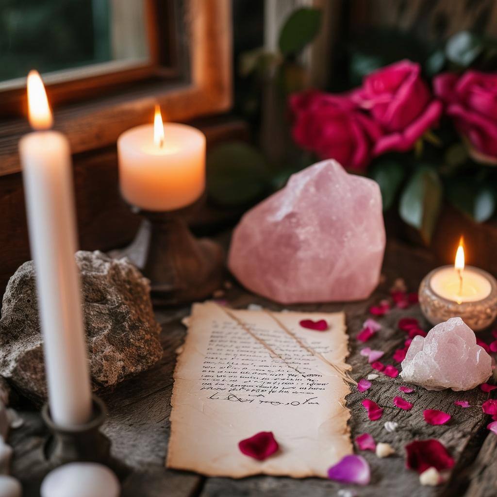 An altar setup with rose quartz, candles, and a love letter, used in a soulmate spell to attract deep, spiritual connection