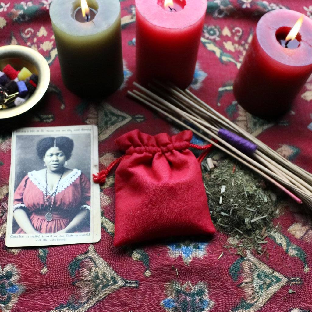 An illustration of Marie Laveau, the Voodoo Queen of New Orleans, performing a love ritual with candles and grisgris bags