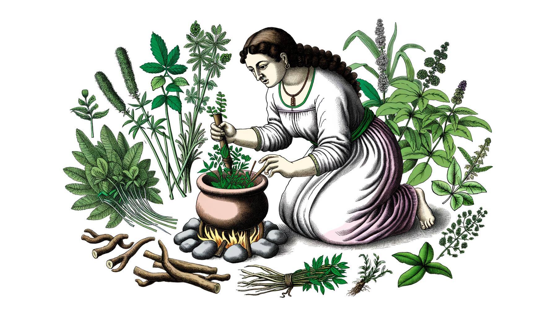 An illustration of a medieval healer crafting a love potion with herbs and roots