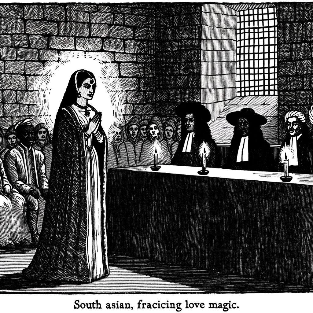 An illustration of a witch trial in the 17th century, with a woman accused of practicing love magic standing before a tribunal