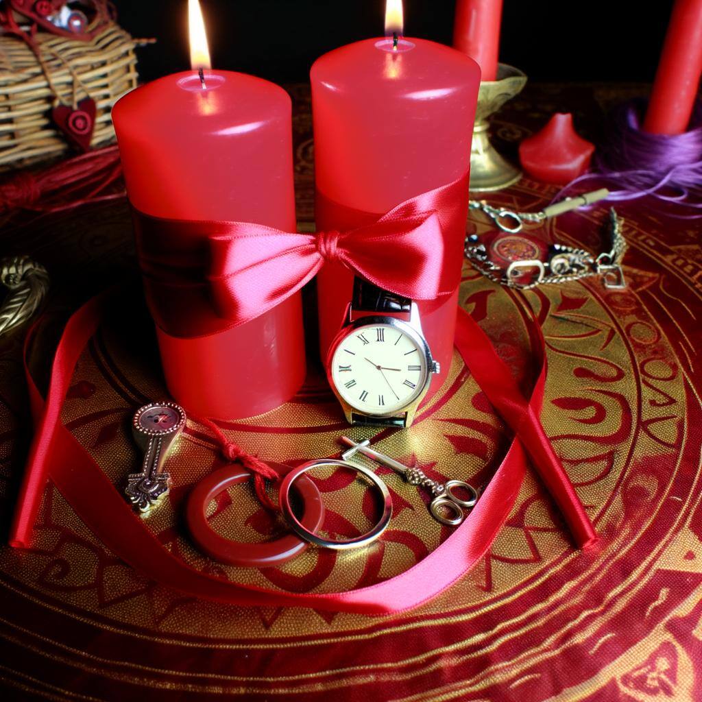 An image of a DIY love spell being performed with two red candles, personal items from both partners, and a red ribbon tied around the items on an alt-1