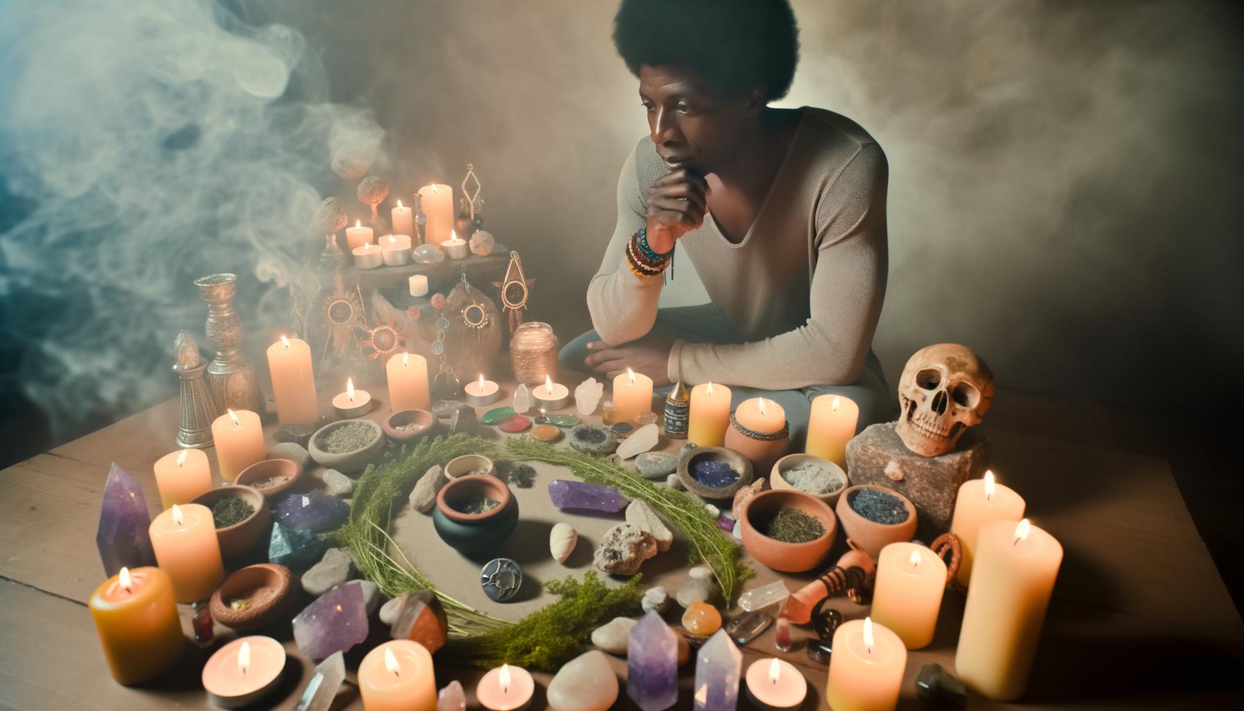 An image of a african american person surrounded by candles, crystals, herbs, and other mystical items, sitting in a circle and visualizing their deep-1