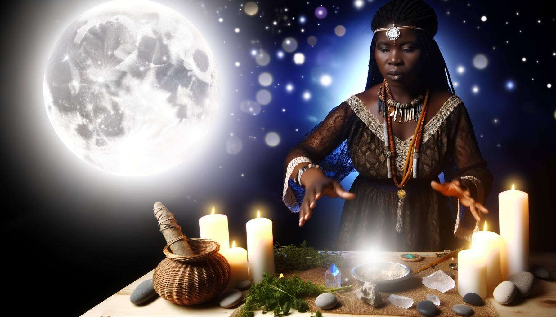 An image of a african woman casting a love spell under the moonlight, surrounded by candles, herbs, and crystals on a sacred altar-1