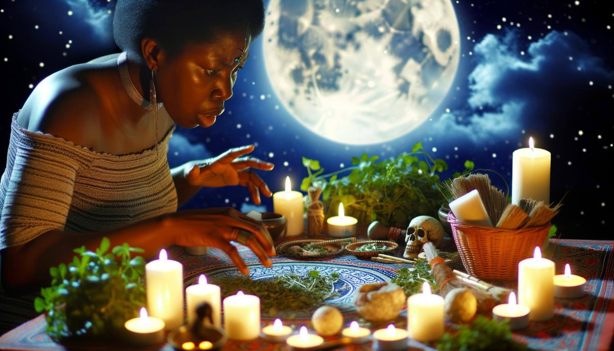An image of a african woman casting a love spell under the moonlight, surrounded by candles, herbs, and crystals on a sacred altar