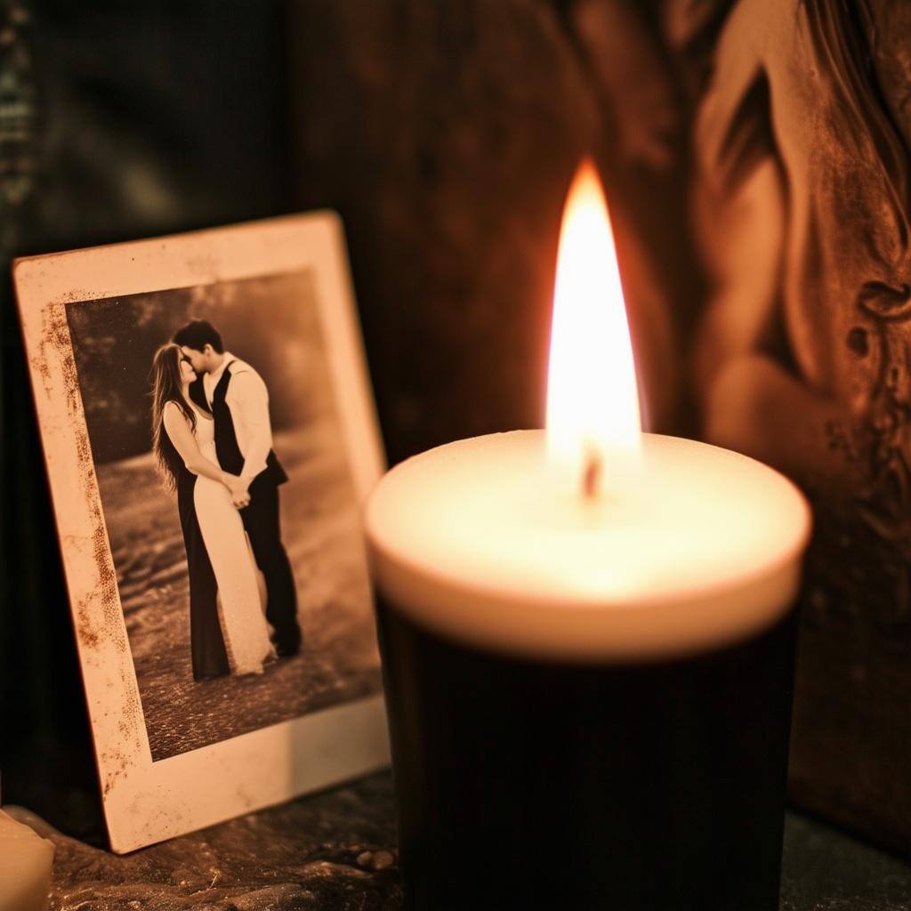 An image of a black and white candle burning beside a photo of a couple, symbolizing a protection love spell ritual-1