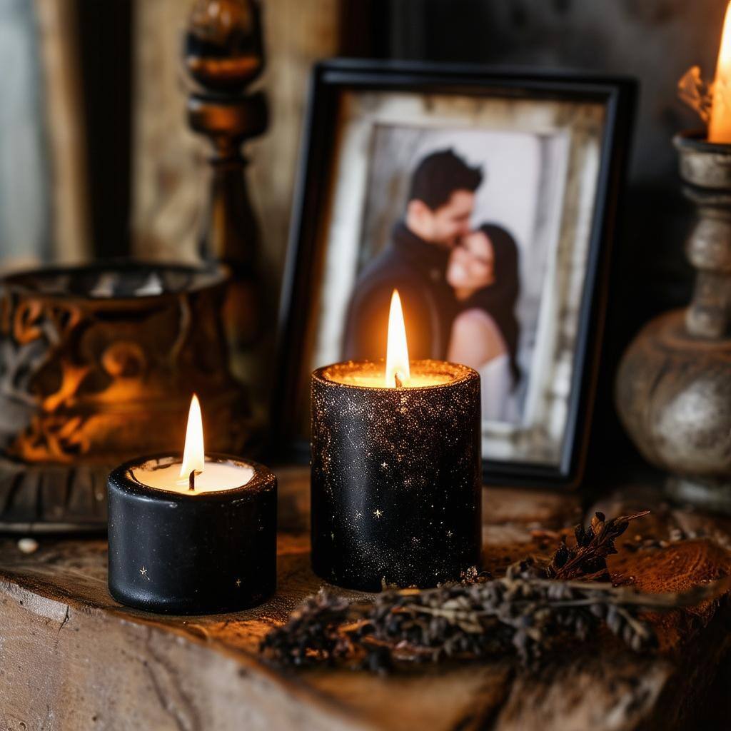 An image of a black and white candle burning beside a photo of a couple, symbolizing a protection love spell ritual