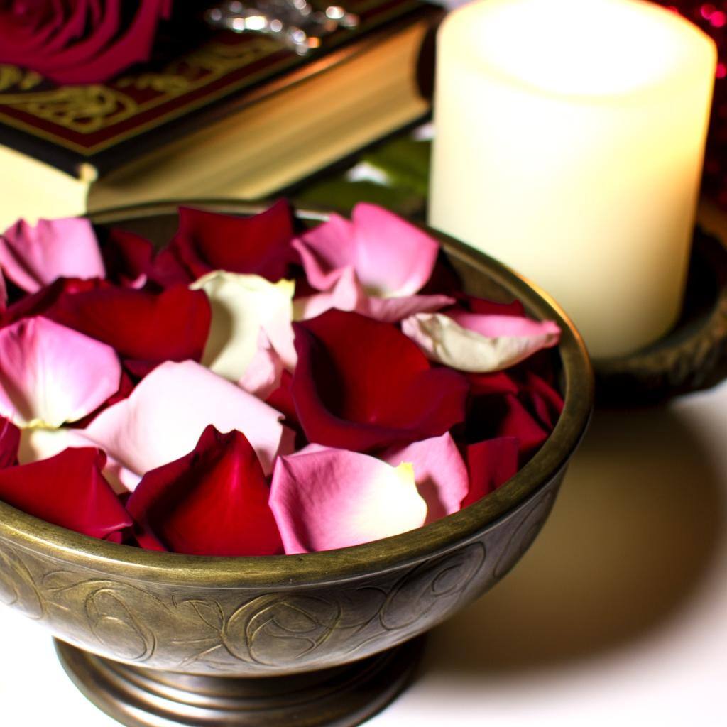 An image of a bowl filled with vibrant red, pink, and white rose petals, symbolizing love and romance in spellwork