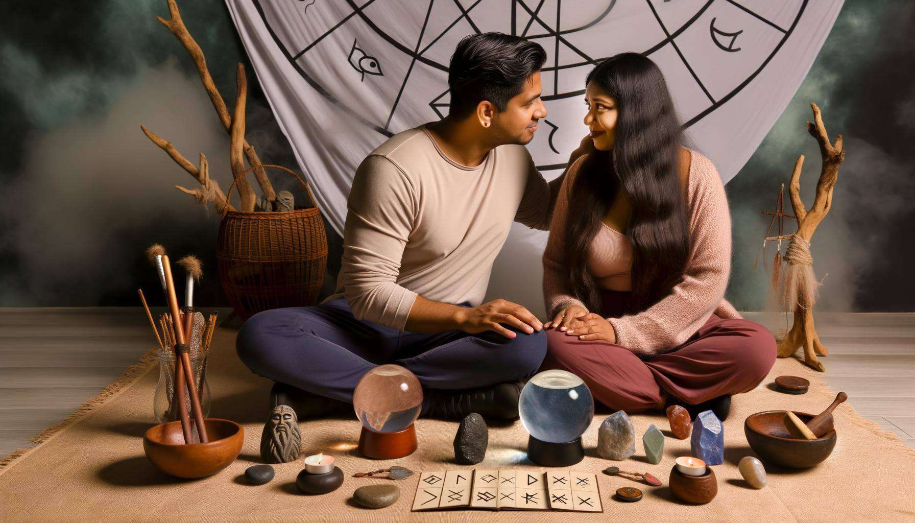 An image of a couple engaged in a traditional healing ritual, surrounded by symbols of ancient wisdom and modern therapeutic tools