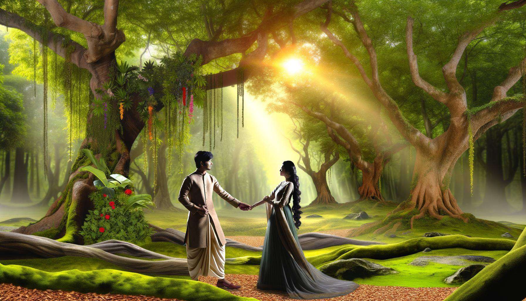 An image of a couple holding hands and walking through a serene forest during a couples retreat