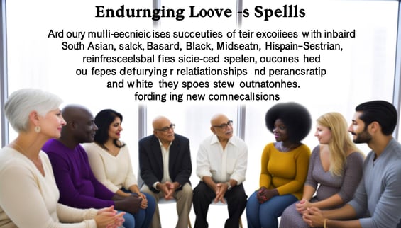 An image of a diverse group of people sharing heartfelt success stories of their experiences with eternal love spells, showcasing different outcomes l