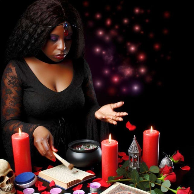 An image of a female african love spell caster performing a ritual with red candles, rose petals, and personal artifacts, surrounded by an aura of mys-1