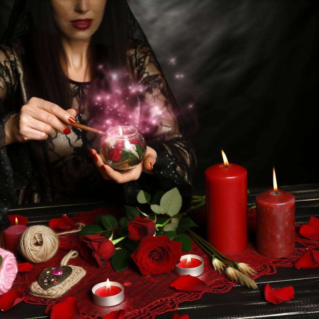An image of a female african love spell caster performing a ritual with red candles, rose petals, and personal artifacts, surrounded by an aura of mys