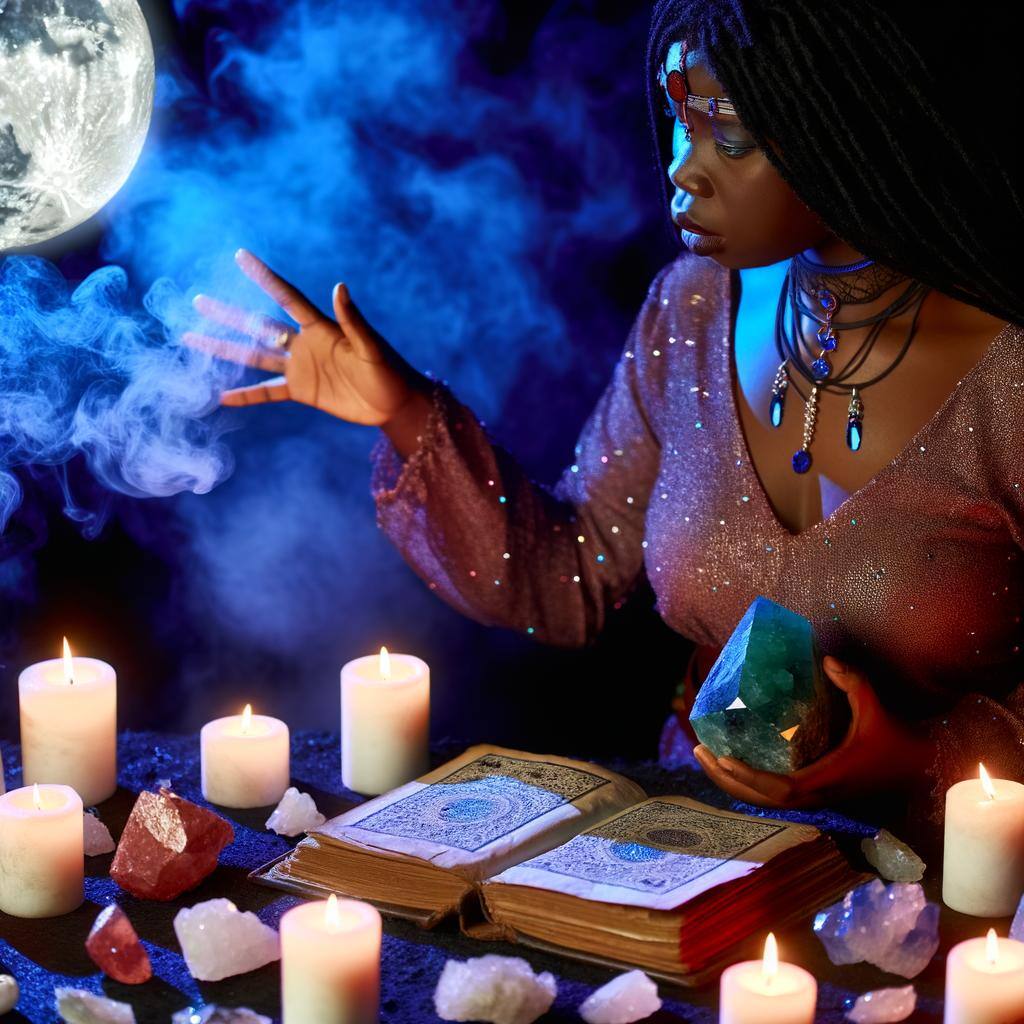 An image of a female african spell caster performing a ritual under the moonlight, surrounded by candles and crystals, with a book of ancient spells o-1