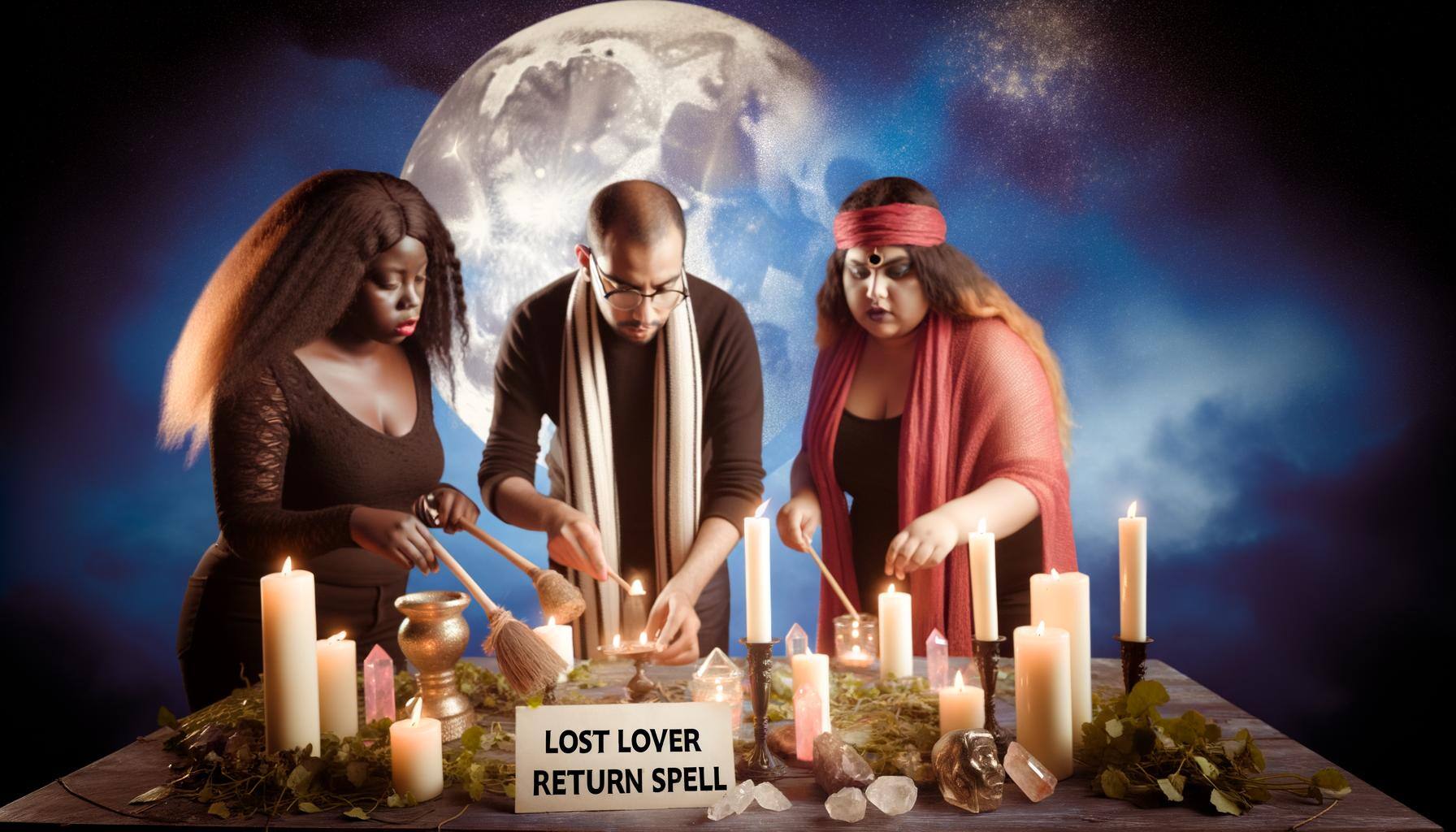 An image of a group of witches performing a coven lost lover return spell, surrounded by candles, crystals, and herbs on an altar, with a waxing moon-1