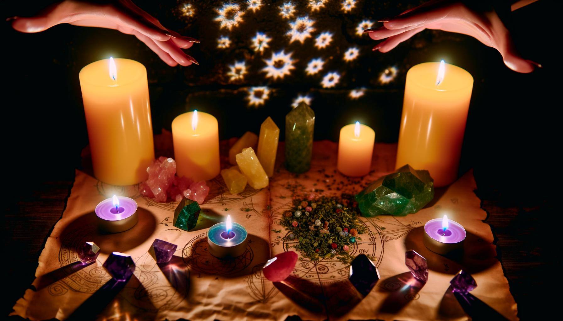 A close-up of a love spell ritual in progress, featuring hands arranging herbs and crystals on an altar