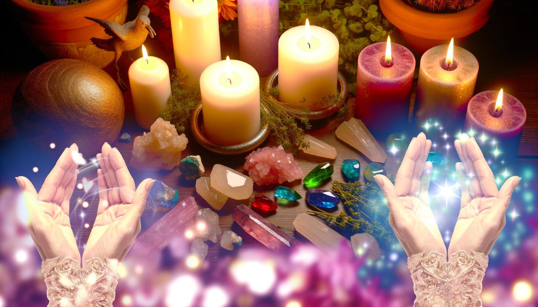 An image of a love spell being cast, with candles, crystals, herbs, and symbolic gestures, all coming together to create a mystical and enchanting on 3rd day