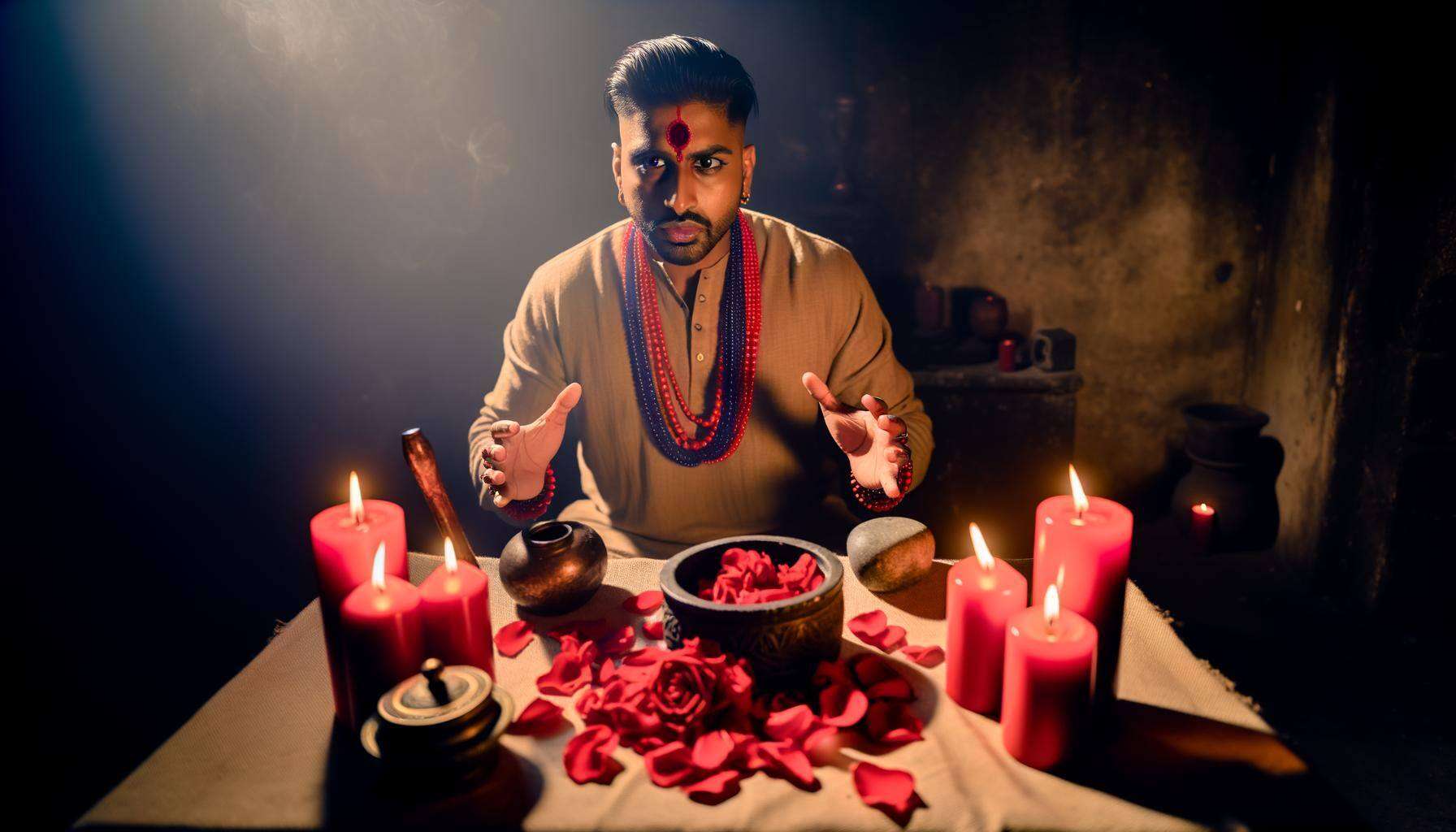 An image of a love spell caster performing a ritual with red candles, rose petals, and personal artifacts, surrounded by an aura of mystery and ancien-1