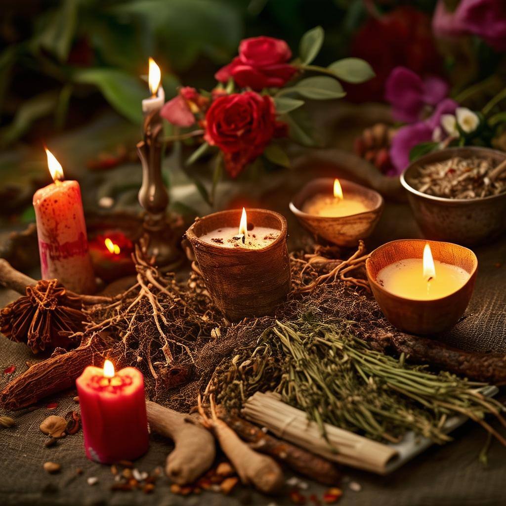 An image of a muthi ritual being performed to reunite lost lovers, with candles, herbs, roots, and other ingredients used in the ritual