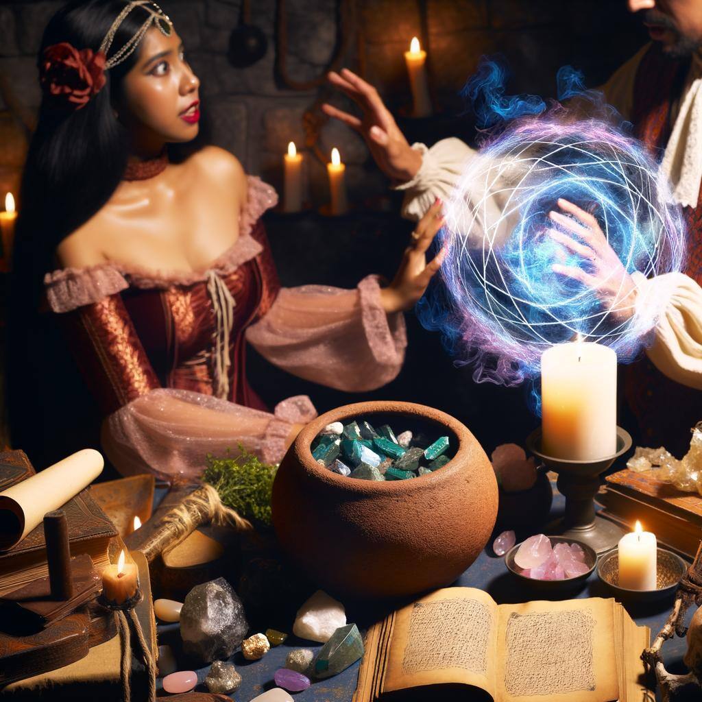 vAn image of a mystical love spell being cast with intricate rituals, specific ingredients, and focused intent, channeling energy and creating an everlasting bond between two individuals. Morning hours