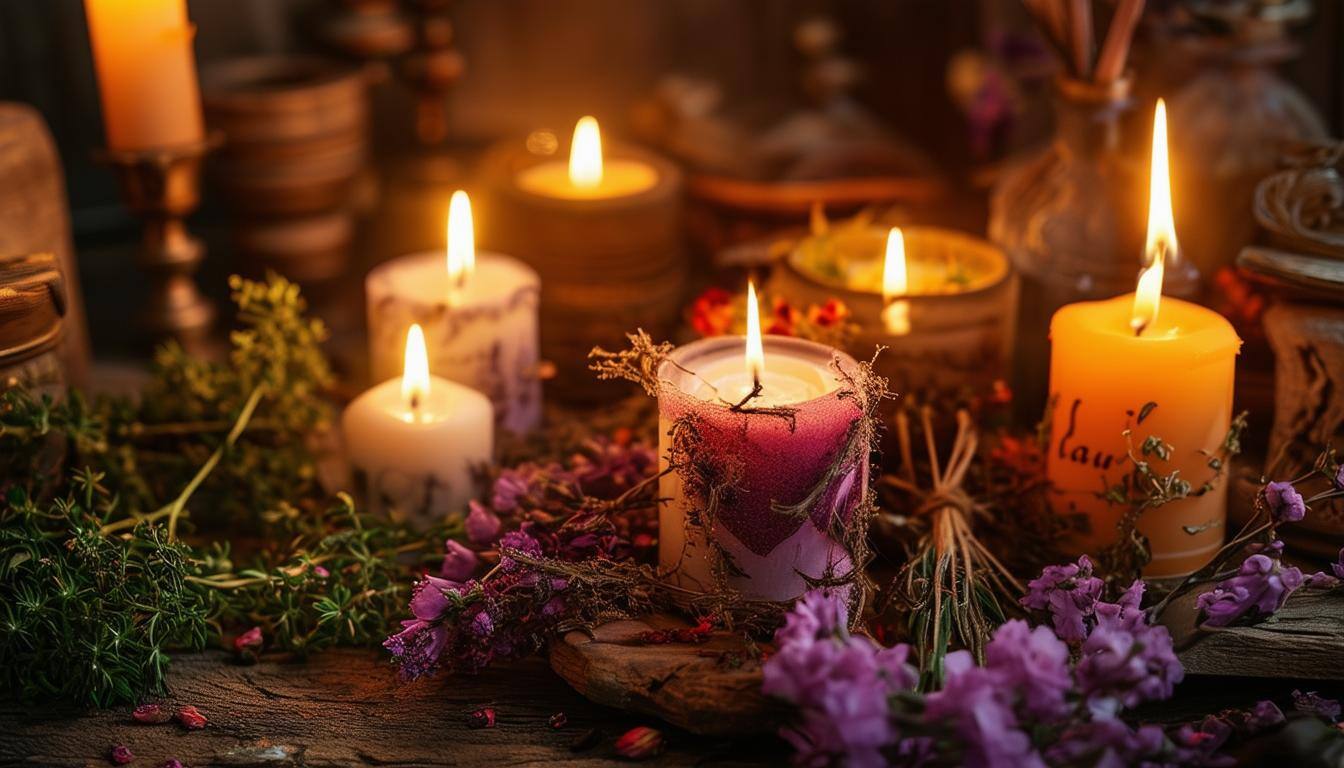 An image of a mystical scene with candles, herbs, and incantations, symbolizing the allure and magic of love spells-1