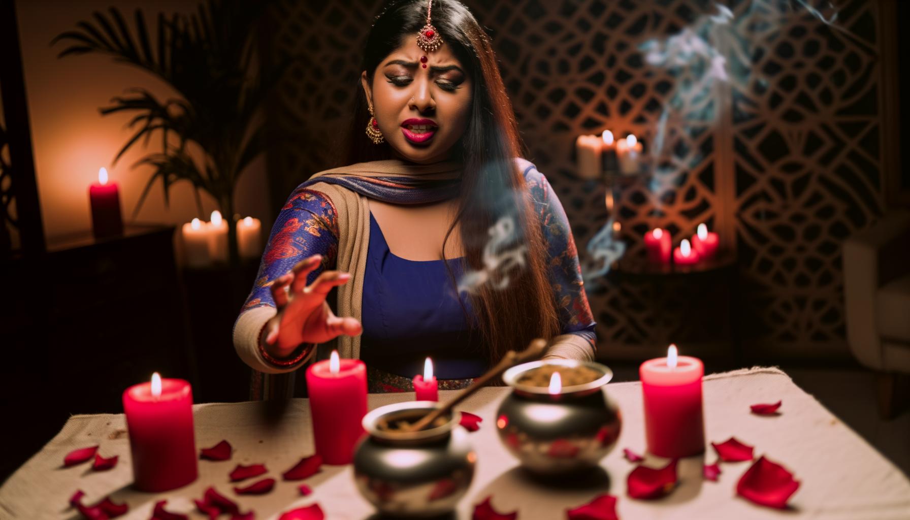 An image of a person casting a love spell with red candles, rose petals, and honey in a sacred and comfortable space, surrounded by incense and soft m