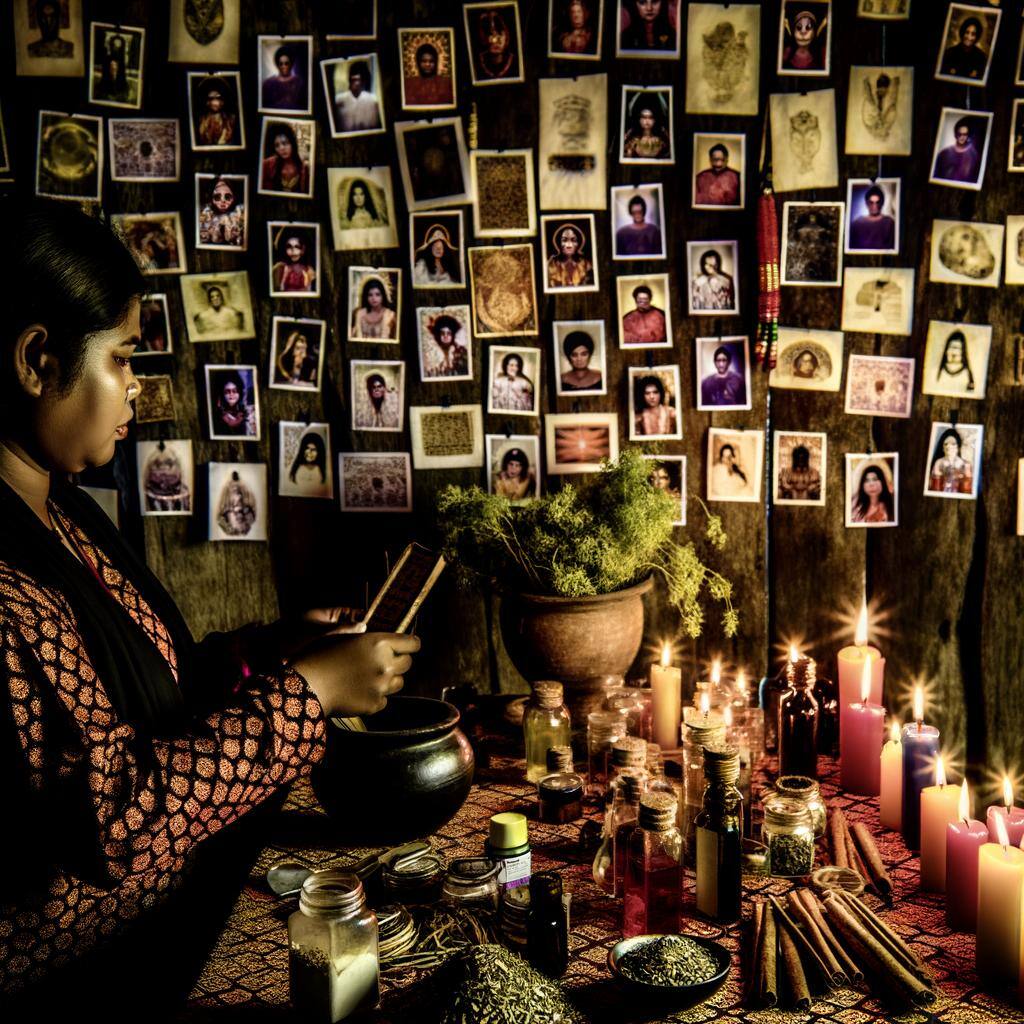 An image of a person casting a voodoo love spell using pictures, candles, herbs, oils, and personal items in a sacred space-1