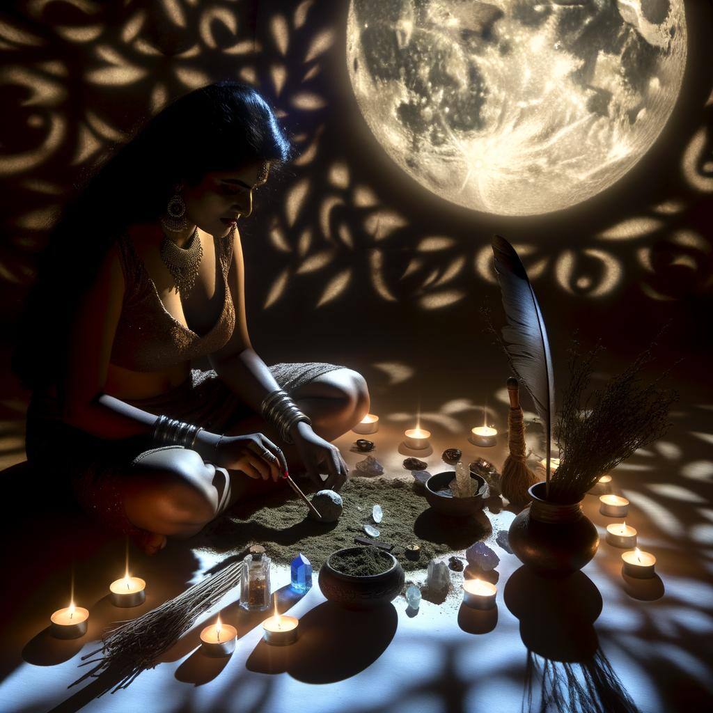 An image of a person performing a love spell under the light of the full moon, surrounded by candles, crystals, and other ritual tools-1