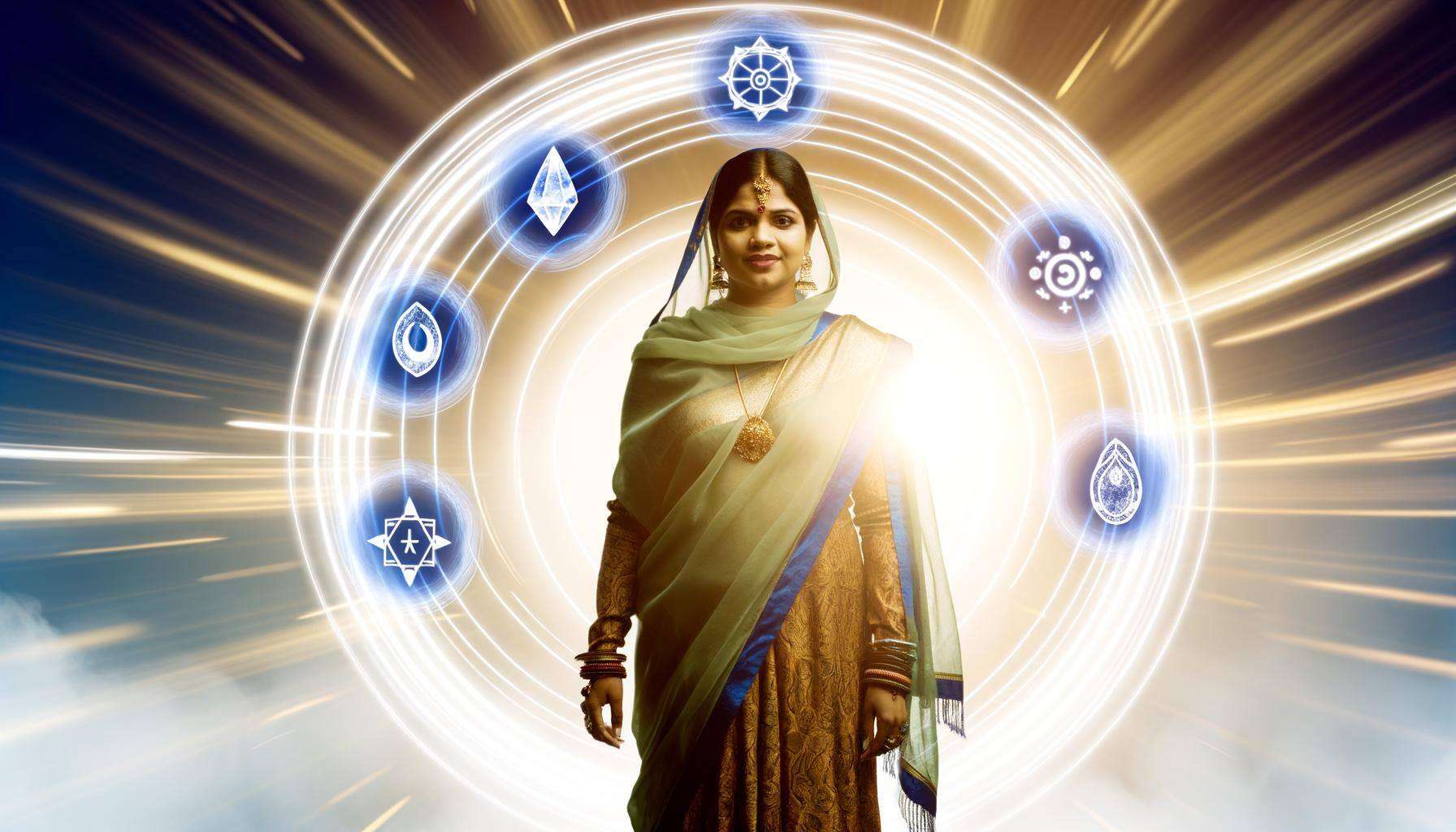 An image of a person surrounded by a glowing protective shield, with symbols of protection and cleansing rituals floating around them-1