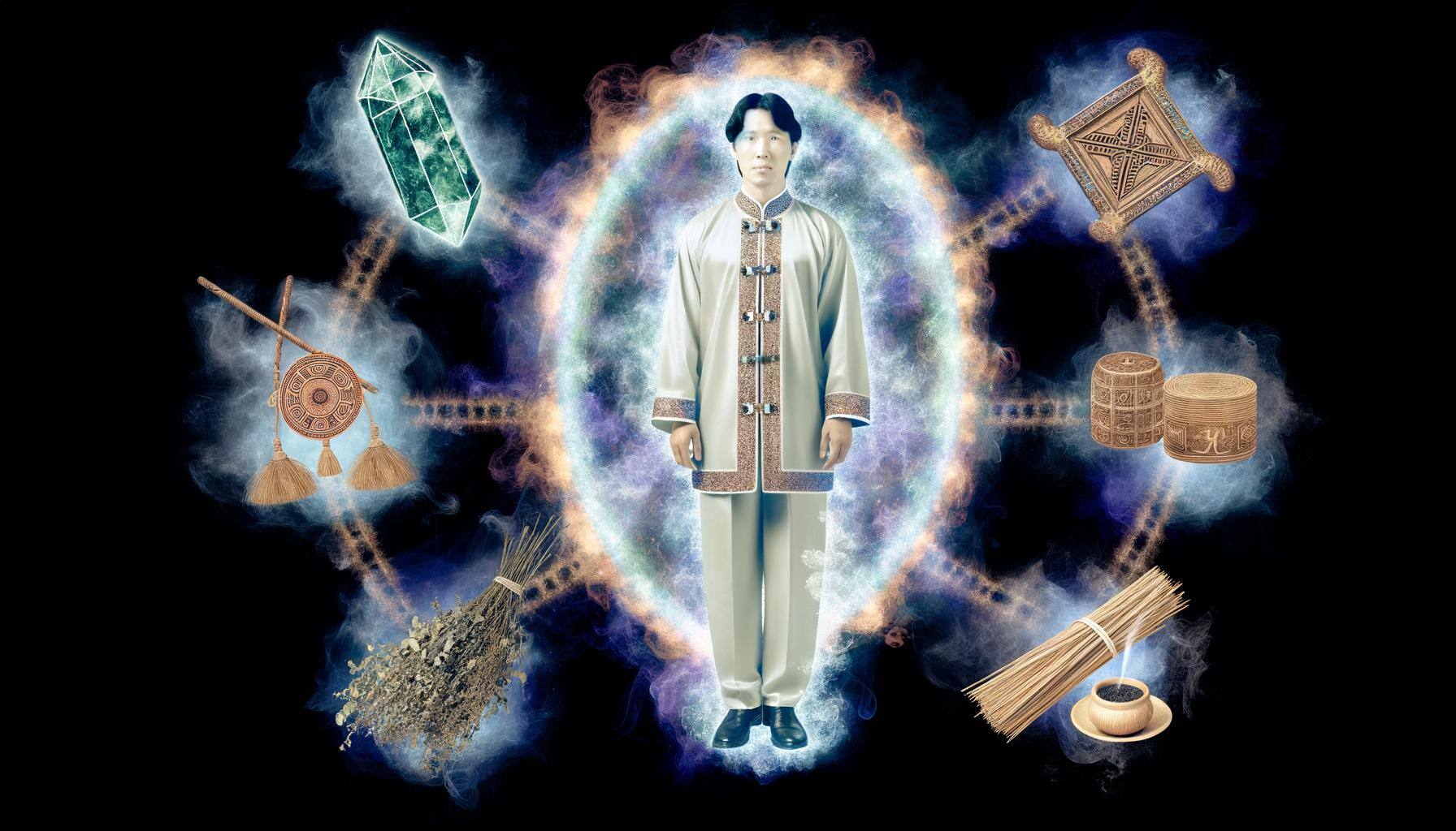 An image of a person surrounded by a glowing protective shield, with symbols of protection and cleansing rituals floating around them