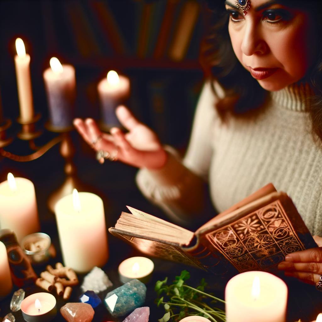 An image of a person surrounded by candles, herbs, and crystals, focusing intently on a spell book while performing a love spell ritual-1