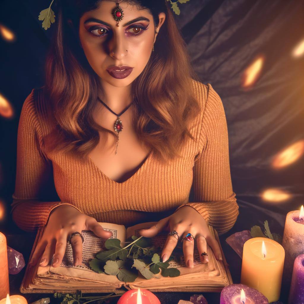 An image of a person surrounded by candles, herbs, and crystals, focusing intently on a spell book while performing a love spell ritual