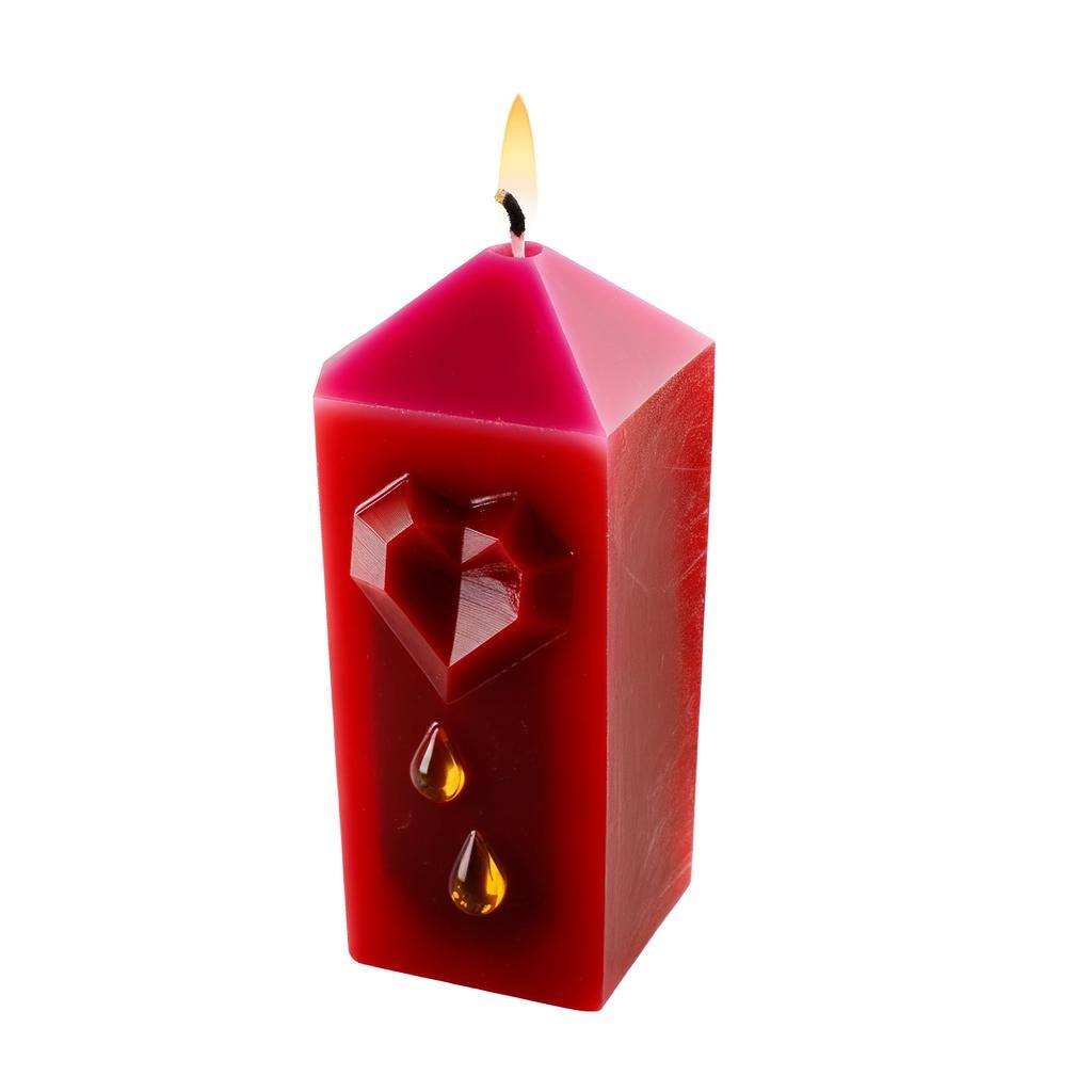 An image of a red candle carved with a heart symbol and anointed with rose oil, burning with a soft glow