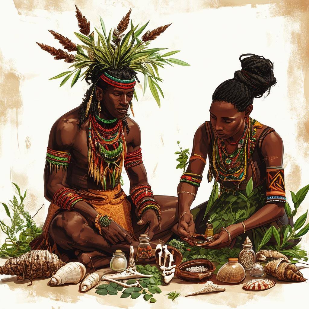 An image of a sangoma in a trance, surrounded by ritual objects like animal bones, shells, and herbs, communicating with ancestral spirits and receivi-1