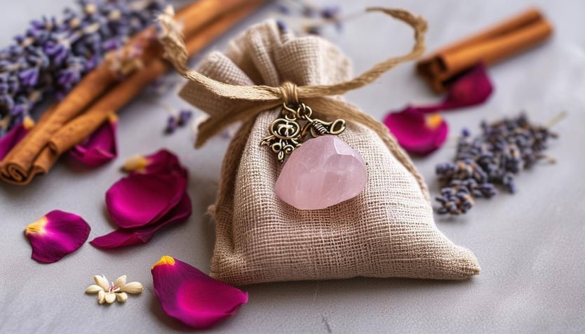 An image of a small pouch filled with rose petals, lavender, jasmine, cinnamon, a piece of rose quartz, and a charm, tied with a ribbon