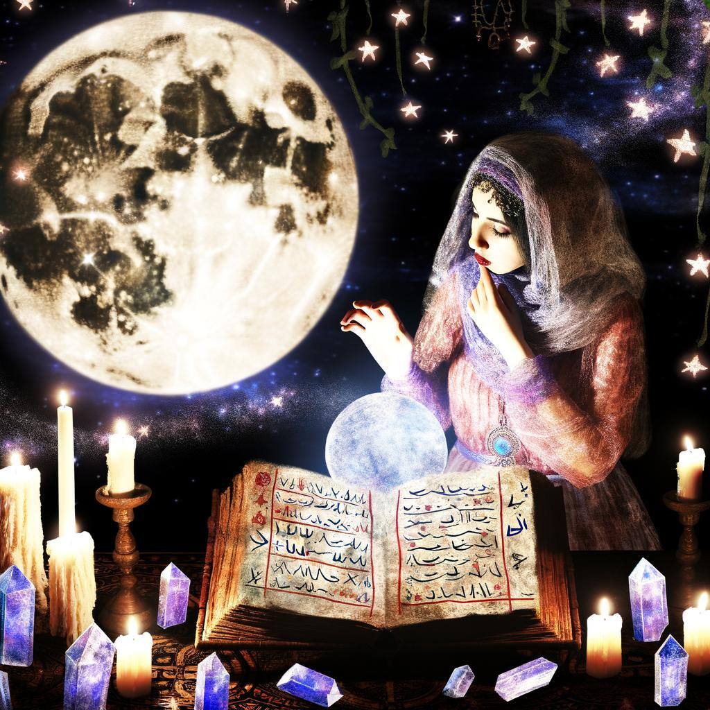 An image of a spell caster performing a ritual under the moonlight, surrounded by candles and crystals, with a book of ancient spells open in front of-1