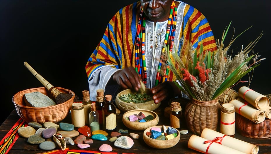  A practitioner preparing a love spell with herbs, candles, and a sacred altar, with soft glowing energy surrounding the herbs.