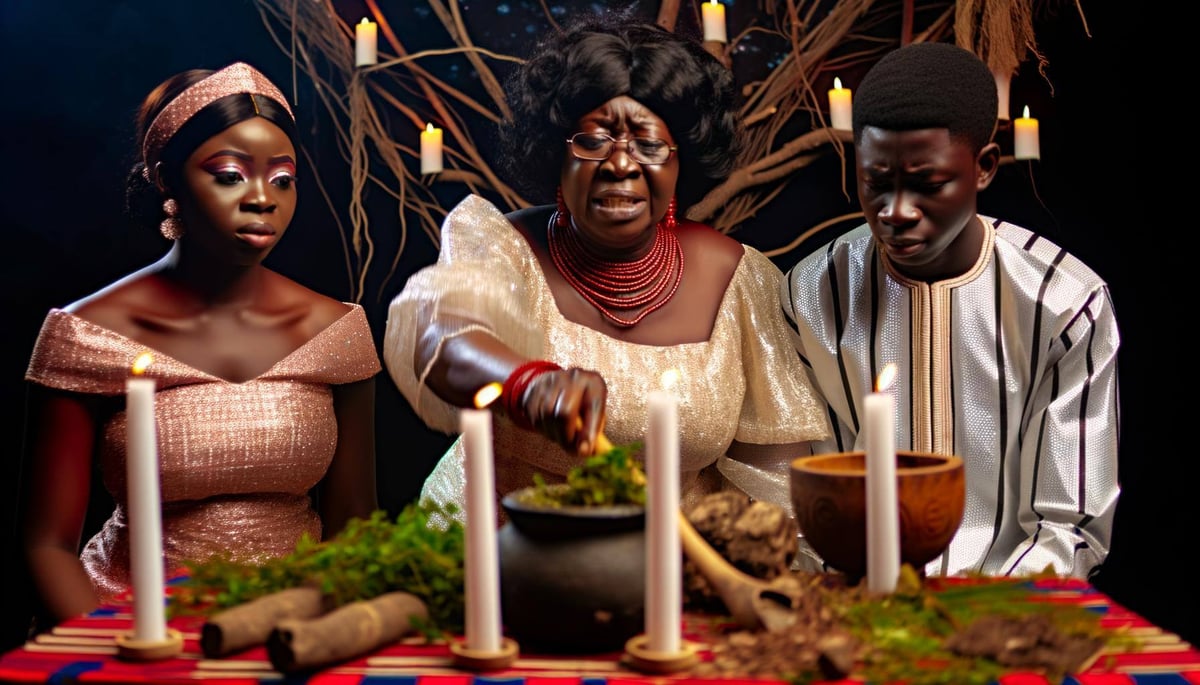 An image of a traditional African muthi ritual being performed to reunite lost lovers, with herbs, roots, and candles creating a sacred space