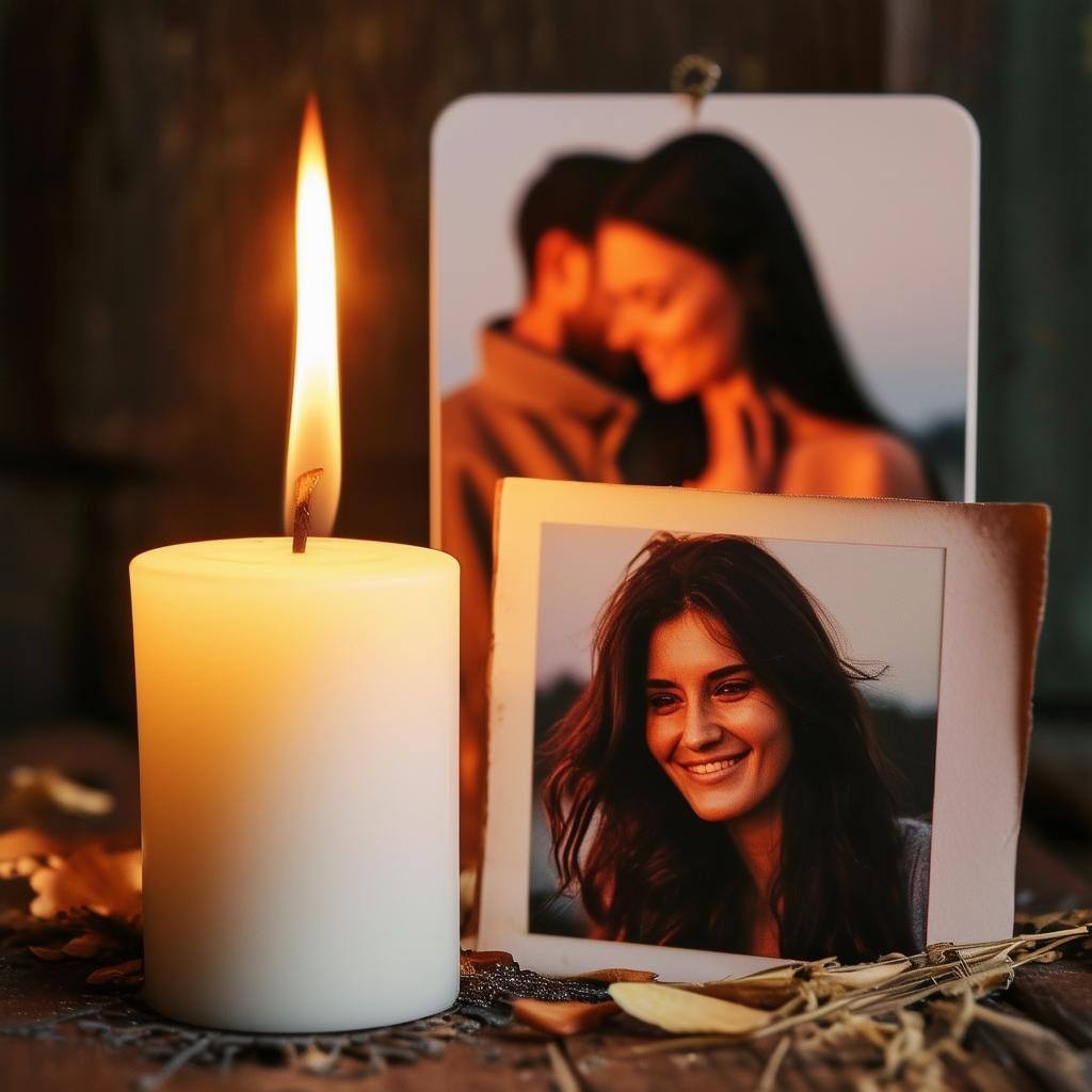 An image of a white candle burning next to a photo of a couple, symbolizing a reconciliation love spell ritual-1