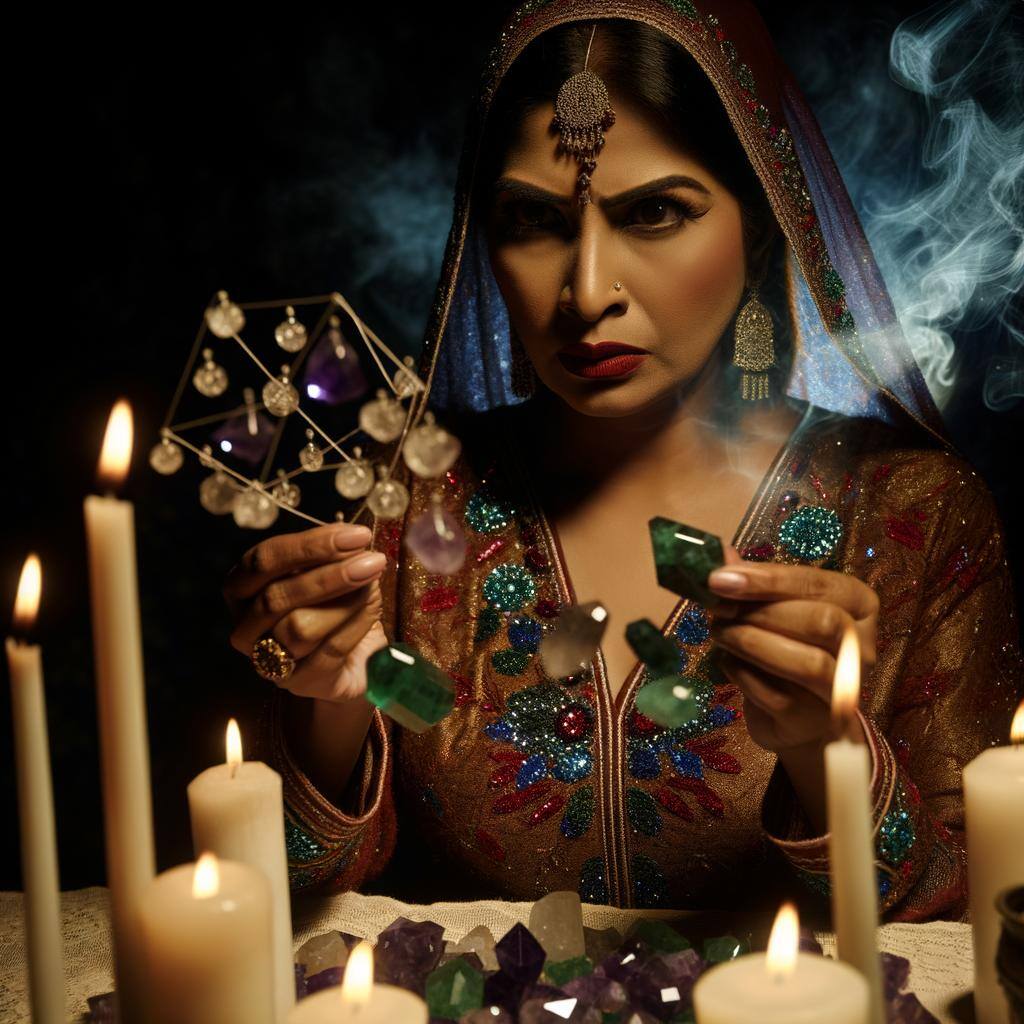 An image of a woman surrounded by candles and crystals, focused on casting a love spell with a look of determination on her face-3
