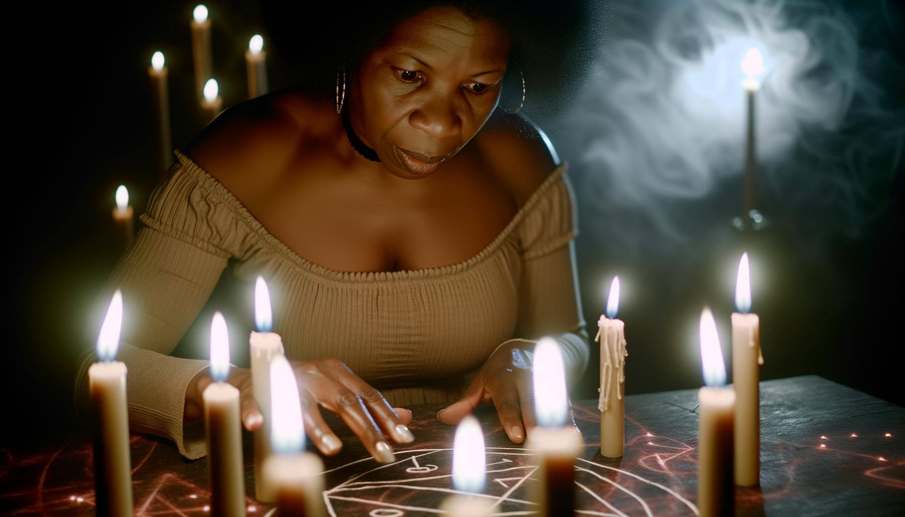 An image of african american female person casting a binding spell in a dimly lit room, surrounded by candles and mystical symbols, their face illumin-1