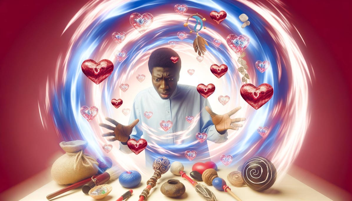 An image of african american person casting multiple love spells, surrounded by mystical objects and focused intentions, with conflicting energies swi