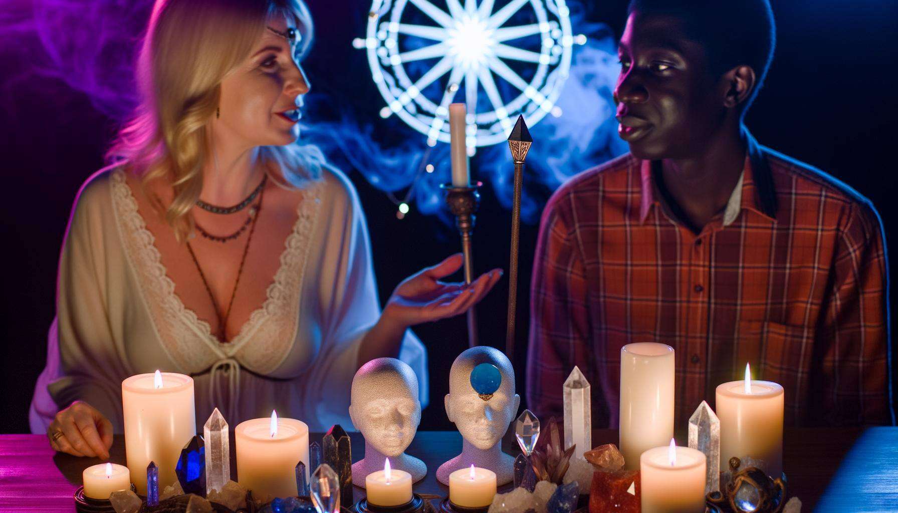 An image of an authentic spellcaster performing a ritual, surrounded by candles, crystals, and other magical tools, with a client seeking guidance and
