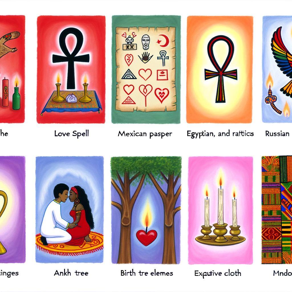 An image of diverse cultural practices of love spells, depicting symbols and rituals from different global traditions