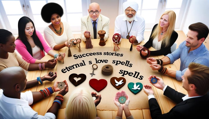 An image of diverse individuals sharing their heartfelt success stories with eternal love spells, from binding spells to reconciliation and soulmate c-1