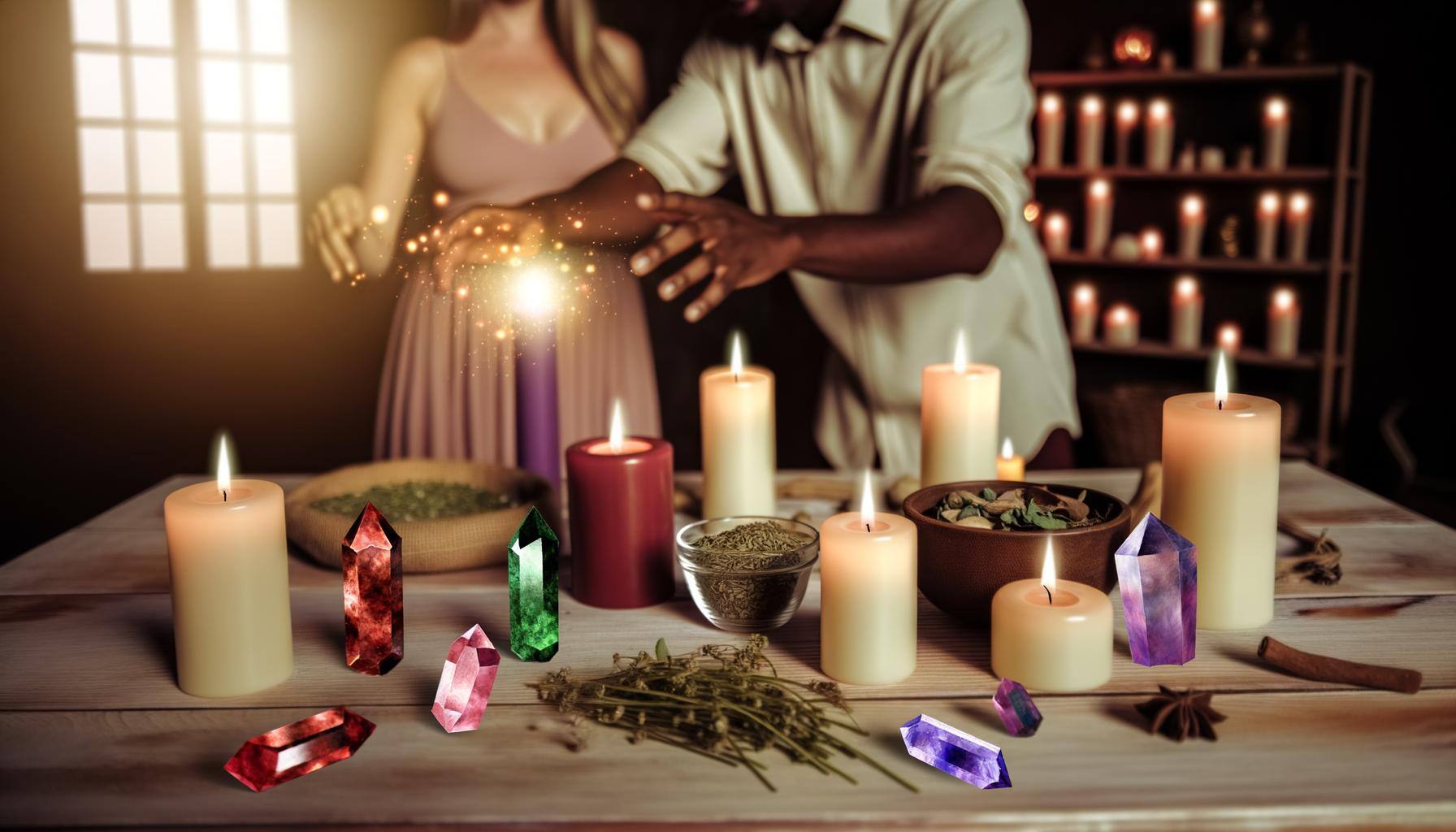 An image of someone casting a loyalty spell for their partner, surrounded by candles, herbs, and crystals in a sacred space