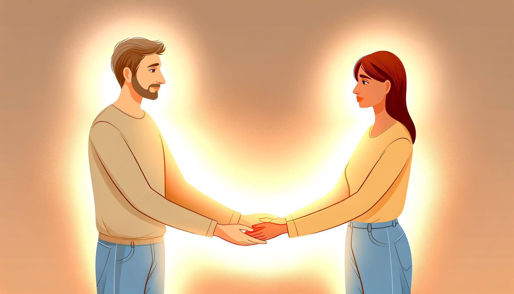 An image of two people holding hands, surrounded by a warm, glowing light as they express forgiveness and love towards each other